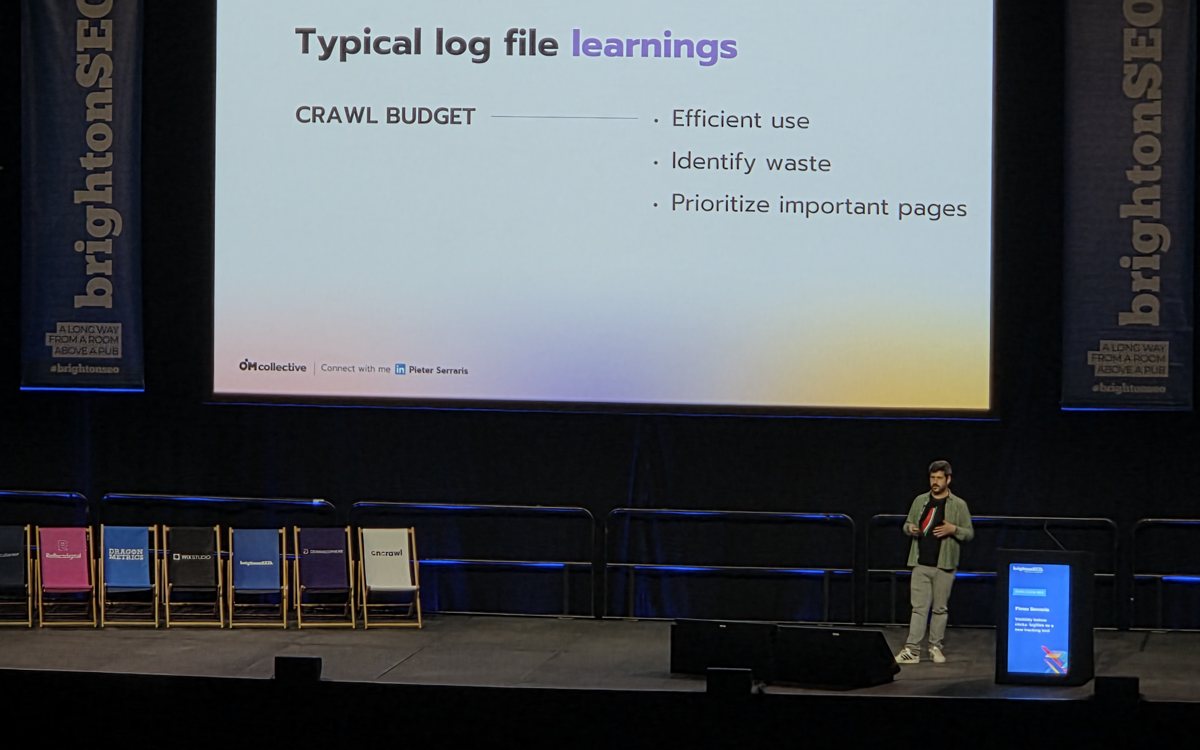 Akash Hashmi speaking at Brighton SEO October 2025, with a slide on log file learnings and crawl budget
